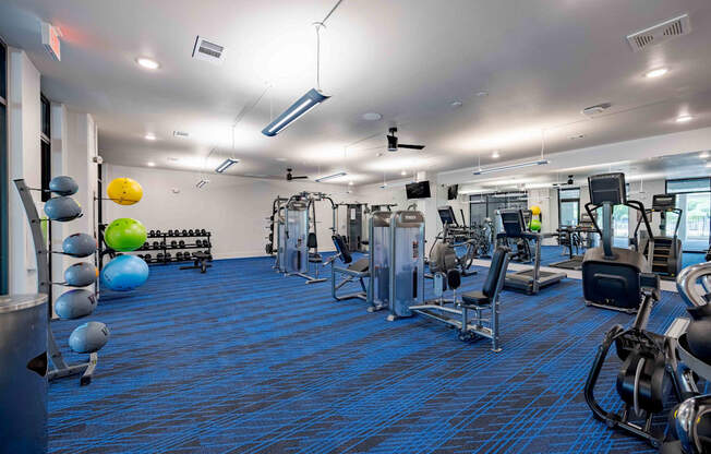 A gym with blue carpeting and various exercise equipment.