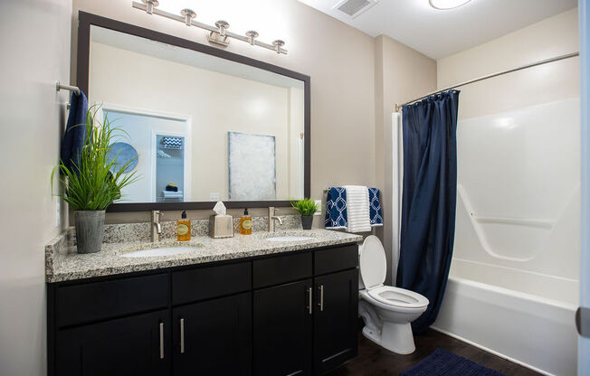 a bathroom with a large mirror and a toilet