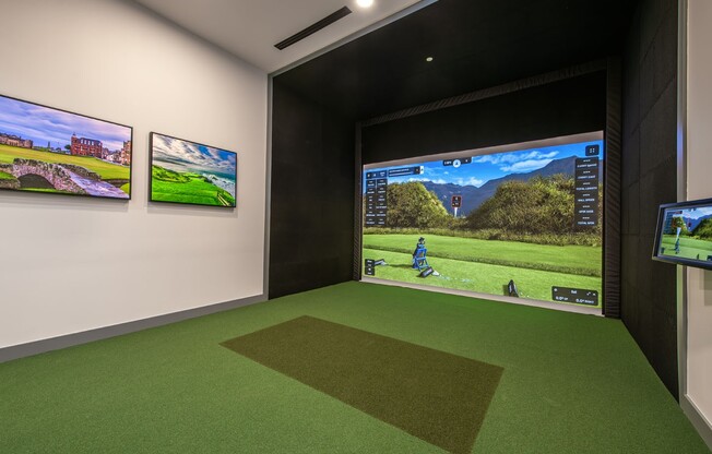 Elevate your leisure time at Sage at Celina Residences with our state-of-the-art golf simulator room. Perfect your swing in a vibrant, entertaining space designed for relaxation and fun. Book your tour today to unlock your ideal lifestyle.
