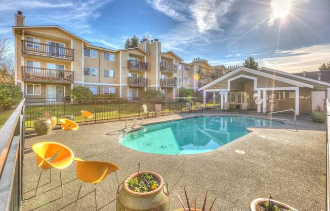 Mirabella Apartments in Everett, Washington Pool and Exterior