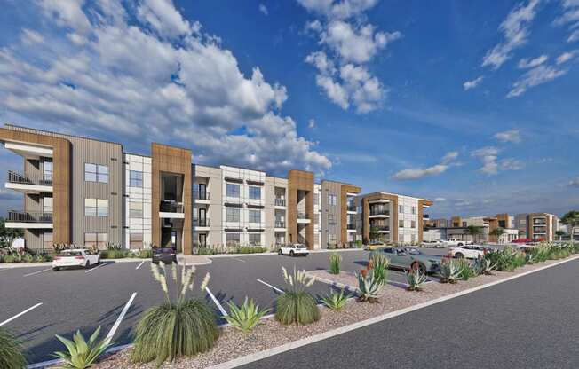 a rendering of a building with a parking lot in front of it