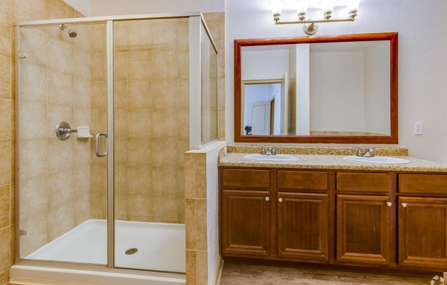 a bathroom with a shower stall sink and mirror