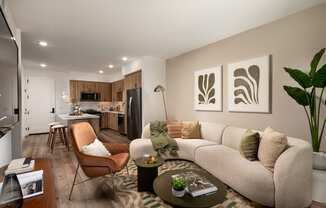 a living room with a couch and a table