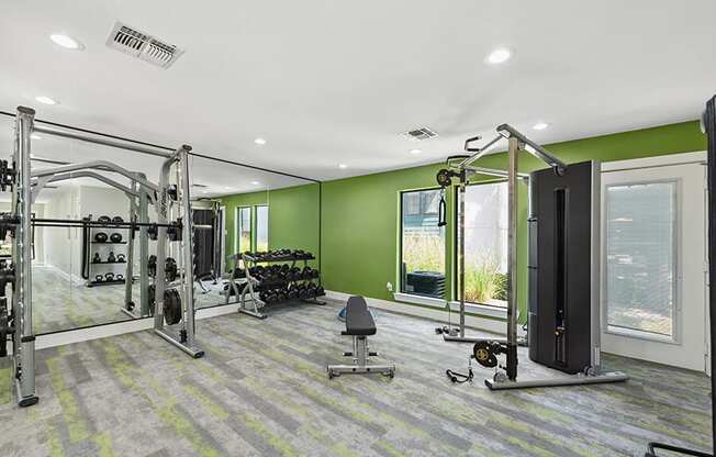 Community Fitness Center with Equipment at Bridges at Deer Run Apartments in Dallas, TX.