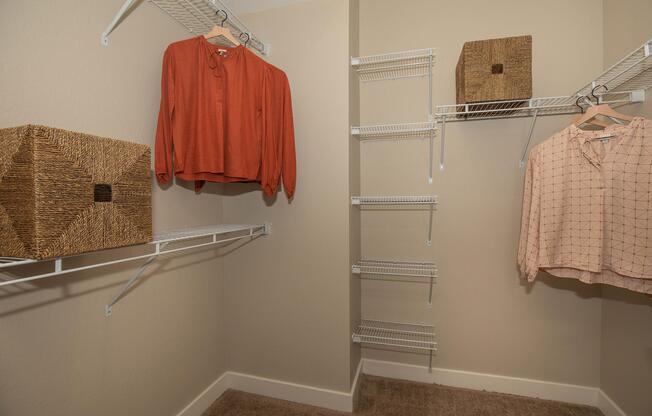 A neatly organized closet featuring two hanging blouses on wire shelves, with additional shelves on one wall and two woven storage baskets placed on the floor. The walls are painted a neutral color, and the carpet is light brown.