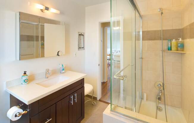 Apartment bathroom with vanity, shower tub combo