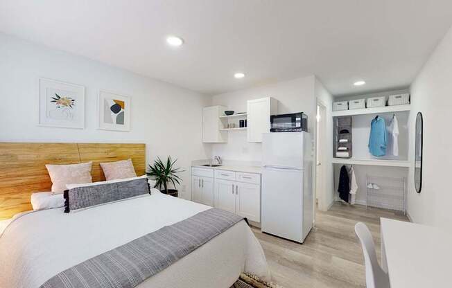 A bedroom with a bed, a potted plant, and a kitchenette.