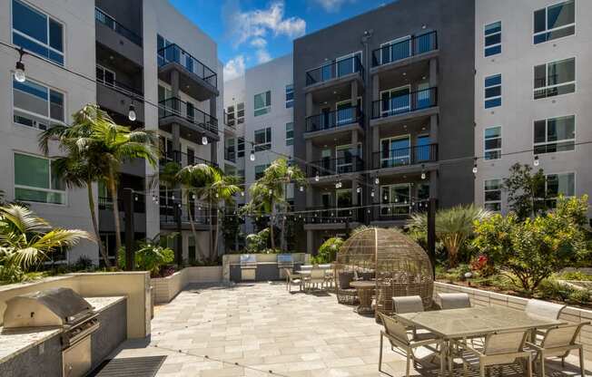 A sunny day at the courtyard of a modern apartment building.