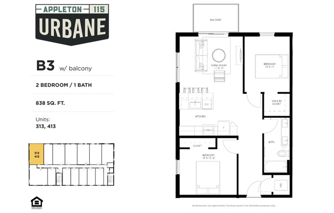2 beds, 1 bath, 838 sqft, $1,895, Unit 413