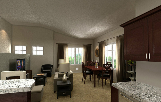 Living room area of an apartment, furnished with a couch, flat screen TV, carpet flooring, and dining table.