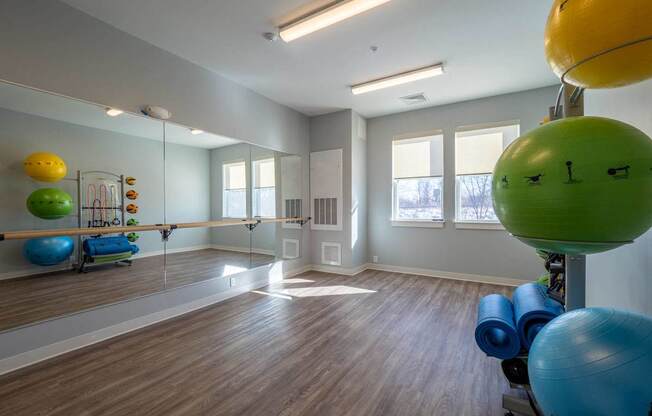 A tranquil yoga and exercise studio with natural light and fitness equipment.