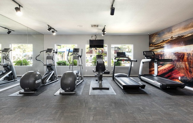 a gym with cardio equipment and a painting on the wall