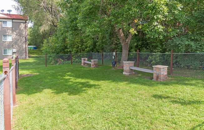 A green grassy area with a fence and a tree.