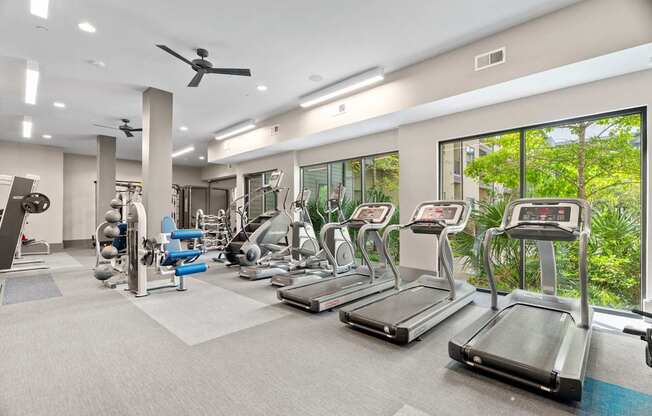 A spacious gym with treadmills, weights, and exercise equipment.