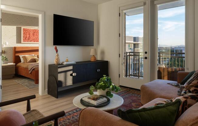 A sunlit living space with warm textures, layered tones, and balcony views that extend your living area outdoors.