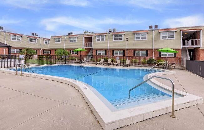 a pool next to a building