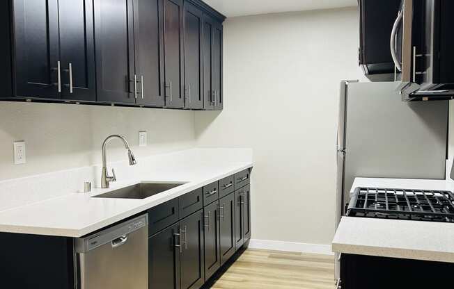 a kitchen with black cabinets and a sink and a refrigerator