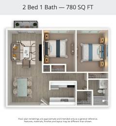 2 beds, 1 bath, 780 sqft, $1,305