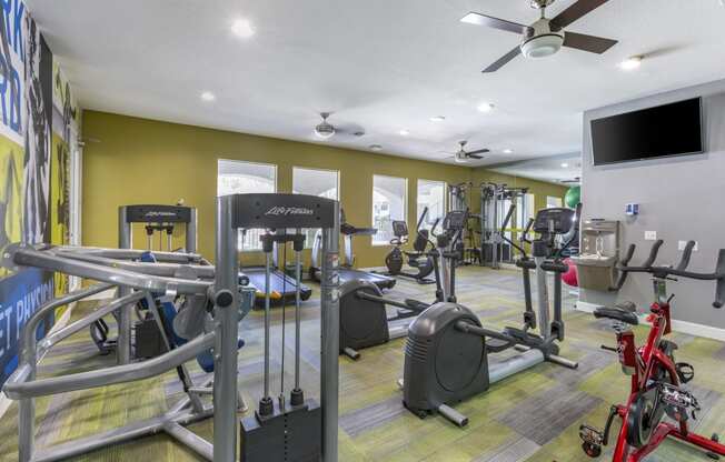 Enjoy state-of-the-art cardio equipment and flat-screen TVs in our gym at Boulders at Boulders at Lookout Mountain Apartment Homes, Phoenix