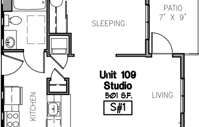 Studio, 1 bath, 501 sqft, $1,600, Unit 109