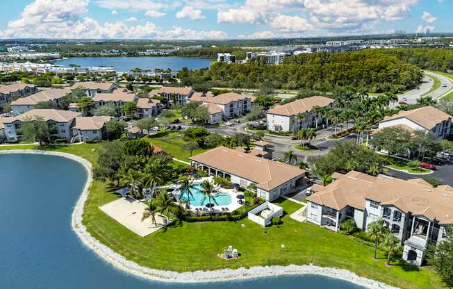 A bird's eye view of a residential area with a swimming pool and a lake.