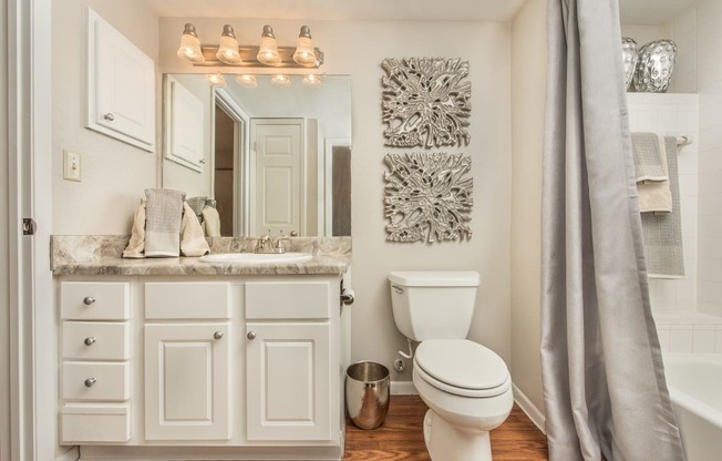 a bathroom with a toilet and a sink and a mirror at Highland Ridge Apartments, Kansas, 66210