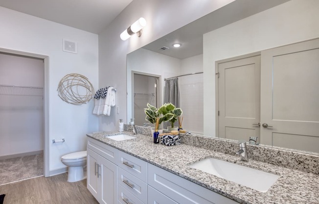 a bathroom with white cabinets and granite counter tops and a large mirror