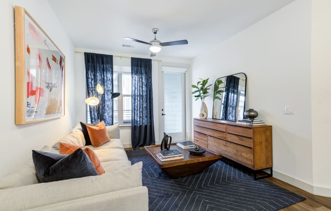 a living room with a couch and a coffee table