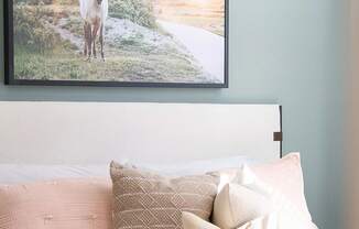 Spacious bedroom with tall ceilings and light green accent wall at Novel Cary