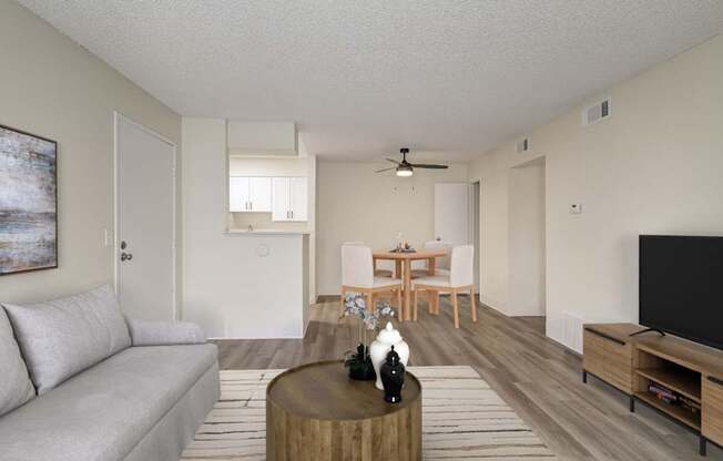 A living room with a grey couch, a wooden coffee table, and a television.