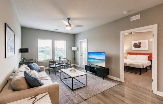 a living room with a couch and a coffee table