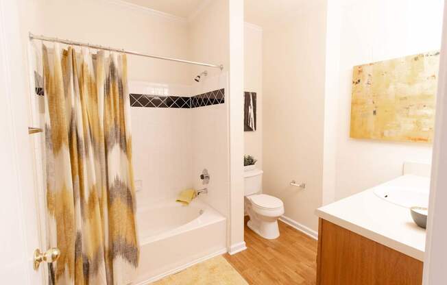 A bathroom with a shower curtain and a toilet.