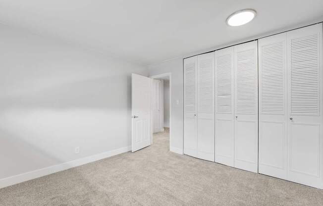 A room with white cupboards and a carpeted floor.