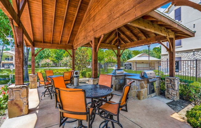 Outdoor BBQ Area and kitchen at The Canyons Apartments, Texas