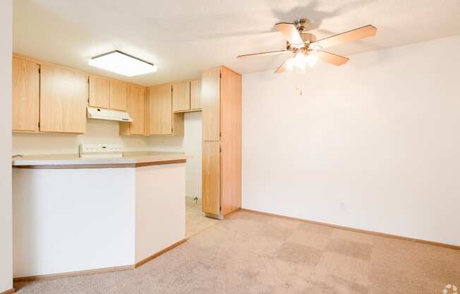 a kitchen and living room with white walls and beige carpet