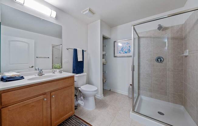 A bathroom with a toilet, sink, and shower.