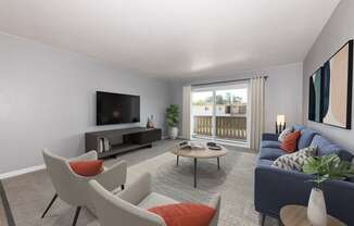 our apartments offer a living room with a sofa coffee table and tv