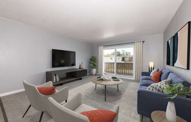 our apartments offer a living room with a sofa coffee table and tv