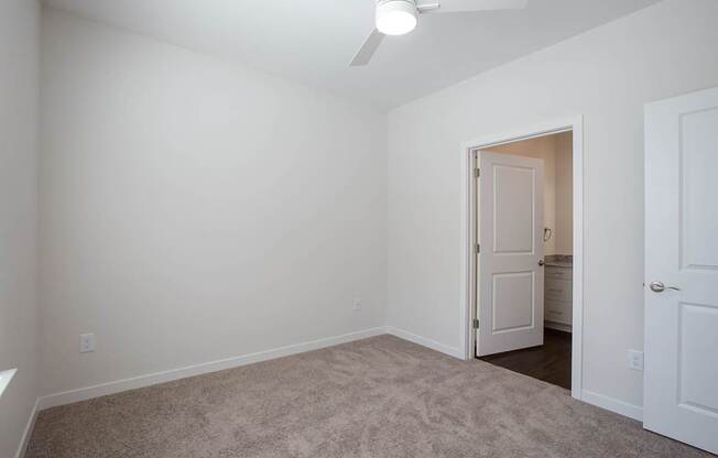 A room with a carpeted floor and a ceiling fan.
