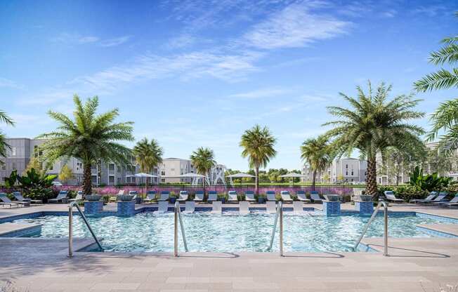 a pool with palm trees and lounge chairs at the resort on a sunny day