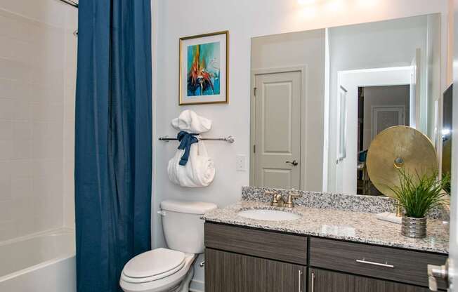 A bathroom with a toilet, sink, and a shower curtain.