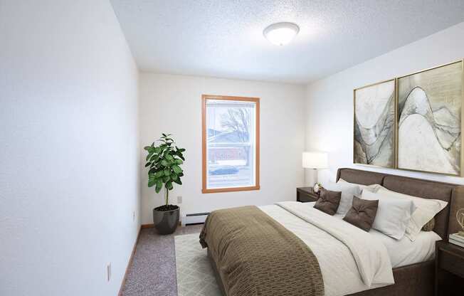 A bedroom with a bed, a potted plant, and a window. Fargo, ND Park Place Apartments