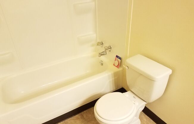 A white toilet sits next to a bathtub in a bathroom.