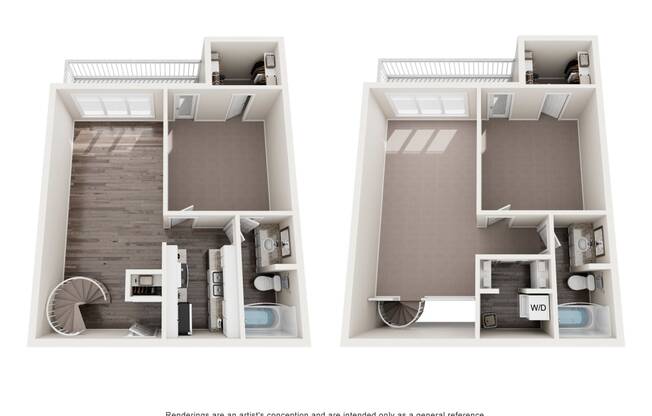 two views of a 3d floor plan of a 2100 sq ft apartment