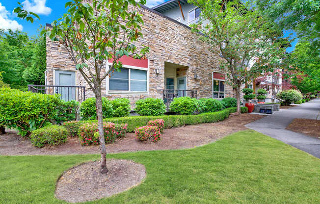 A house with a stone facade and a tree in front.