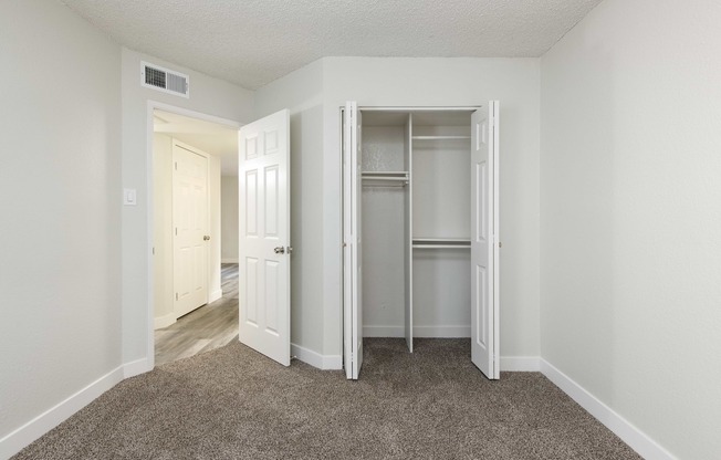 an empty room with a closet and a door open