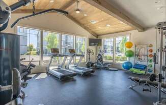 A spacious gym with a variety of exercise equipment and a large window overlooking the outdoors at Timberridge Place Apartment Homes, Albany, OR, 97322