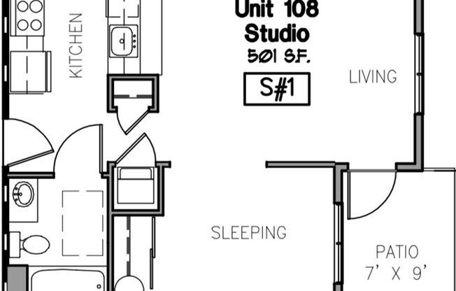 Studio, 1 bath, 501 sqft, $1,600, Unit 108