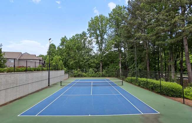 A tennis court surrounded by trees and bushes.