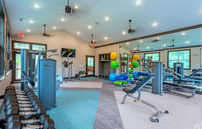 Fully equipped premium fitness center at Lullwater at Blair Stone apartments for rent